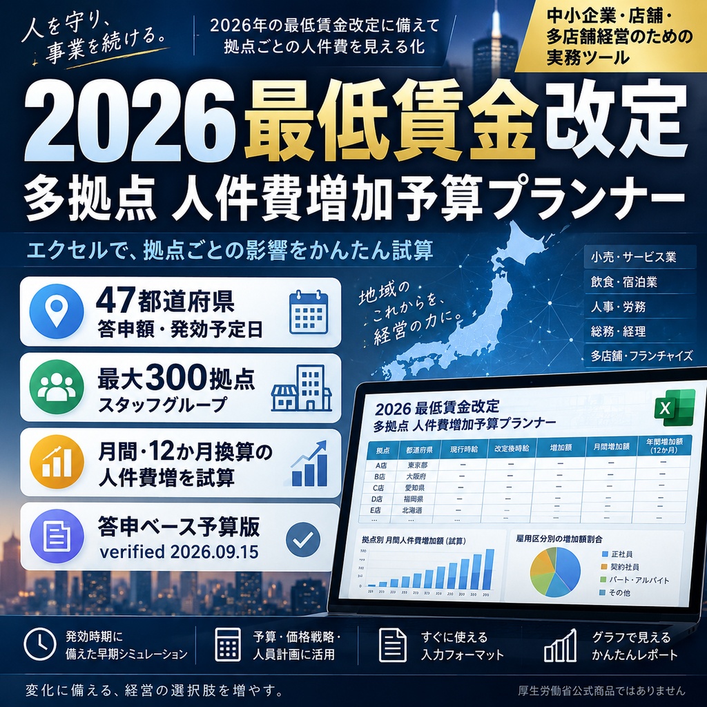 2026 最低賃金改定｜多拠点 人件費増加予算プランナー Excel