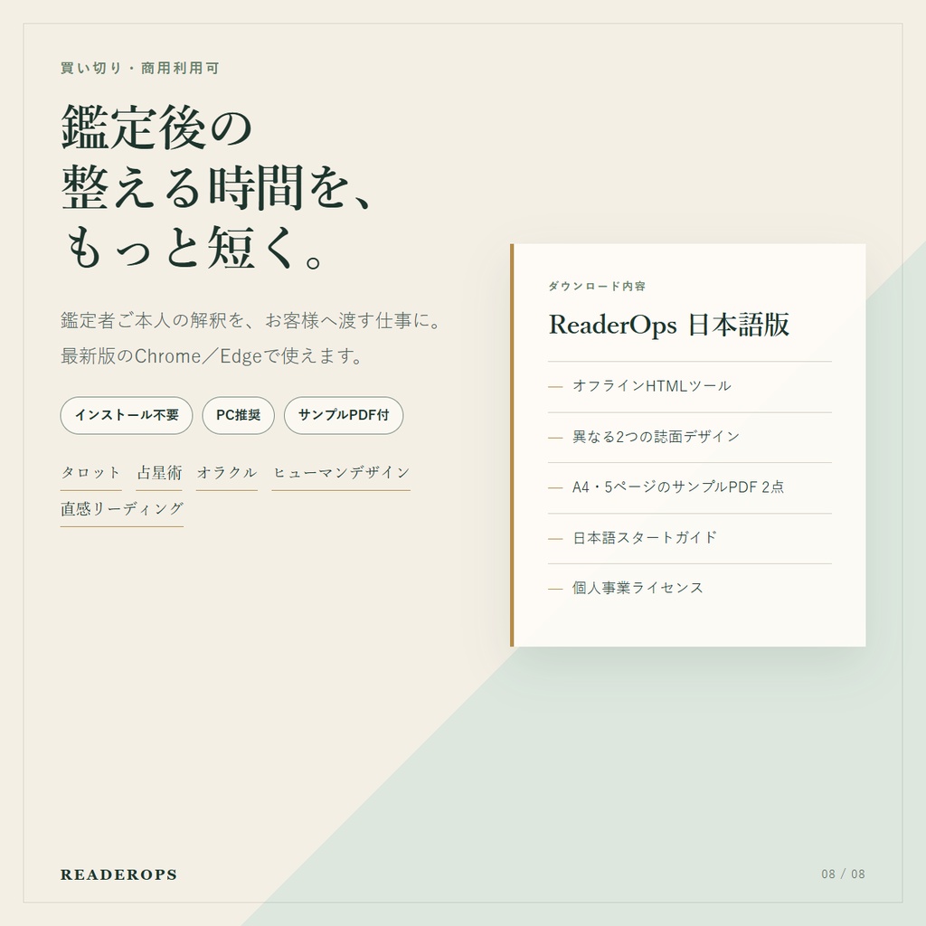 ReaderOps 日本語版|占い師向けオフライン鑑定書メーカー|A4・5ページPDF・2デザイン
