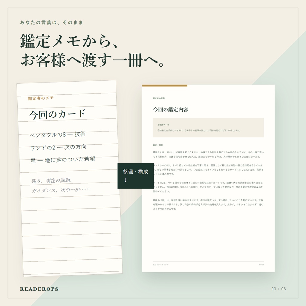 ReaderOps 日本語版|占い師向けオフライン鑑定書メーカー|A4・5ページPDF・2デザイン