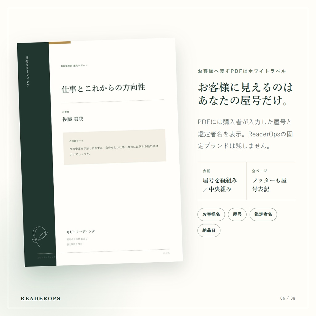 ReaderOps 日本語版|占い師向けオフライン鑑定書メーカー|A4・5ページPDF・2デザイン