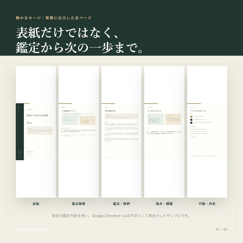 ReaderOps 日本語版|占い師向けオフライン鑑定書メーカー|A4・5ページPDF・2デザイン