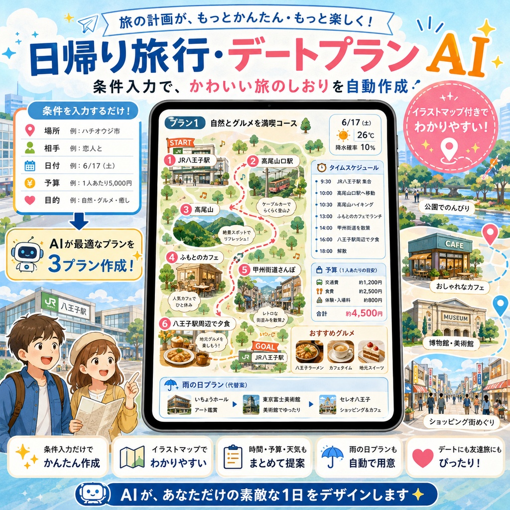 【ChatGPT用】日帰り旅行・デートのしおりを自動作成するAIキット｜3プラン比較＋かわいいイラスト地図つき