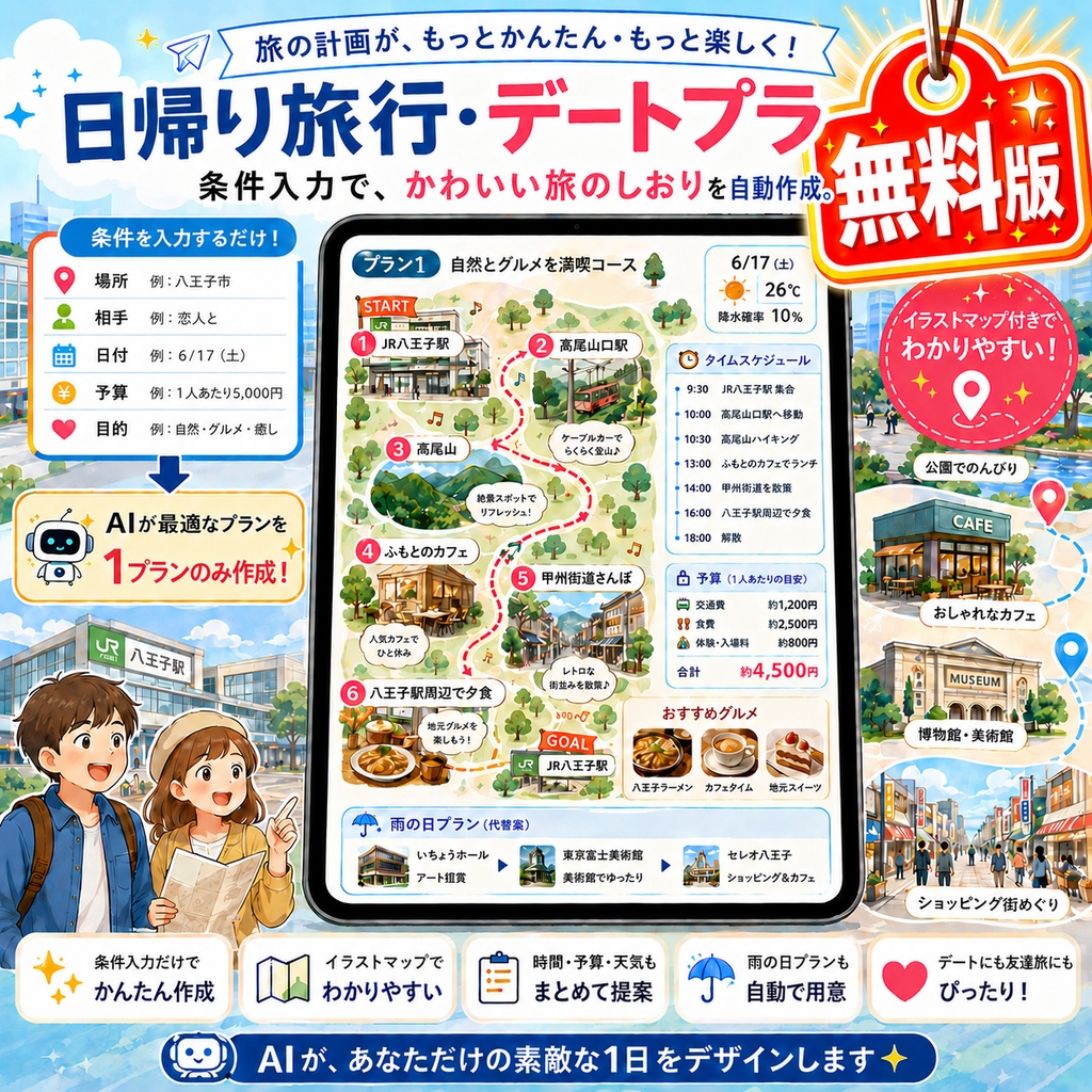 【無料】ChatGPT用｜日帰り旅行・デートのしおりを自動作成するプロンプト【体験版】