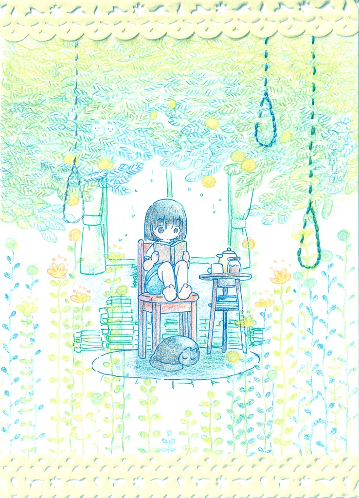 色鉛筆+刺繍作品「晴耕雨読」原画