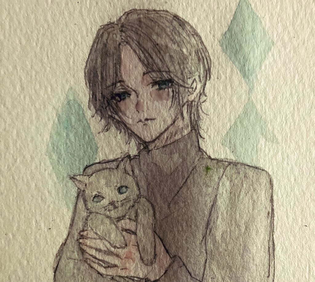 ミニ水彩原画『希とミケ』