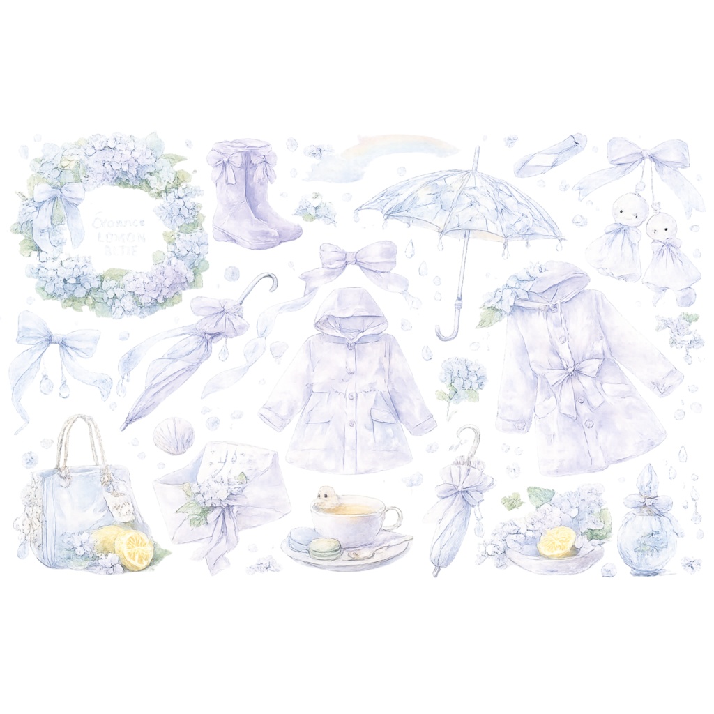 雨の日のあじさい水彩クリップアート 6色セット|透明背景PNG|梅雨・ガーリー・コラージュ素材
