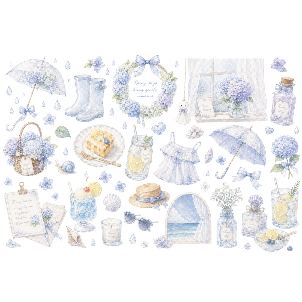雨の日のあじさい水彩クリップアート 6色セット|透明背景PNG|梅雨・ガーリー・コラージュ素材