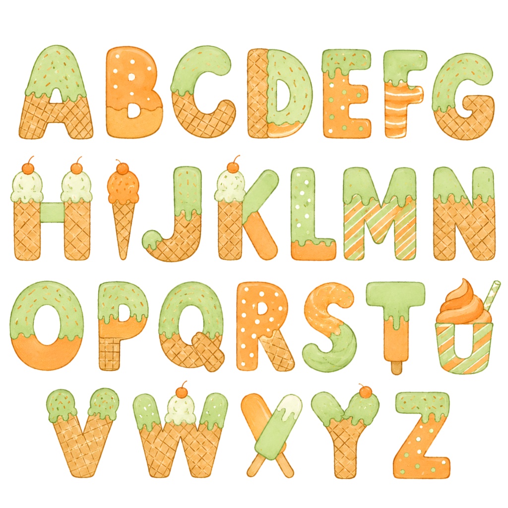 アイスクリームアルファベット CLIPART 6色セット|A〜Z・数字・記号入り|PNG背景透過|全180点以上|商用利用OK