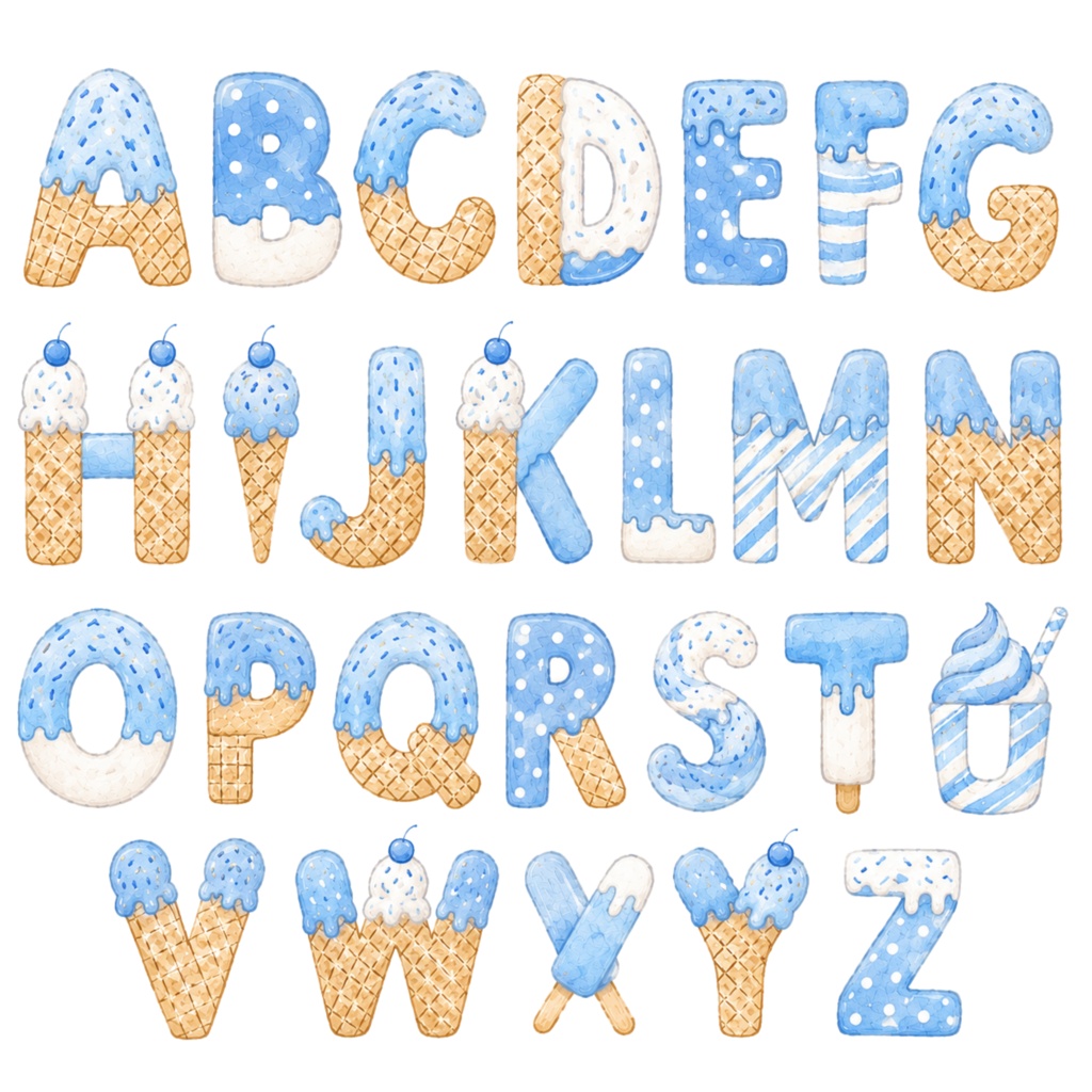 アイスクリームアルファベット CLIPART 6色セット|A〜Z・数字・記号入り|PNG背景透過|全180点以上|商用利用OK