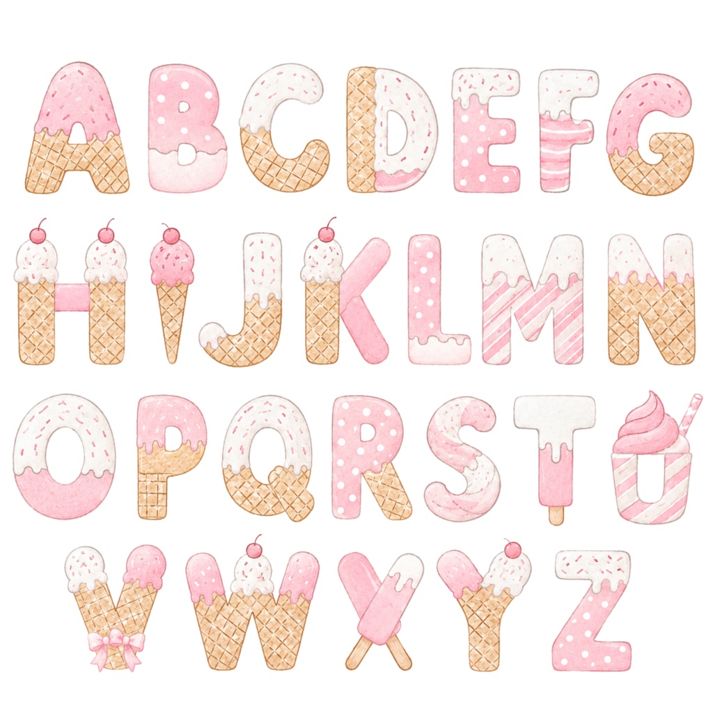 アイスクリームアルファベット CLIPART 6色セット|A〜Z・数字・記号入り|PNG背景透過|全180点以上|商用利用OK