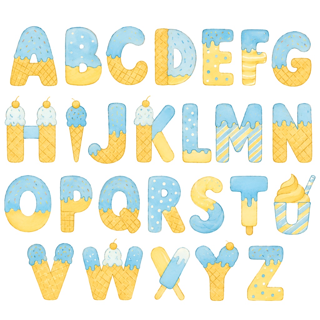 アイスクリームアルファベット CLIPART 6色セット|A〜Z・数字・記号入り|PNG背景透過|全180点以上|商用利用OK