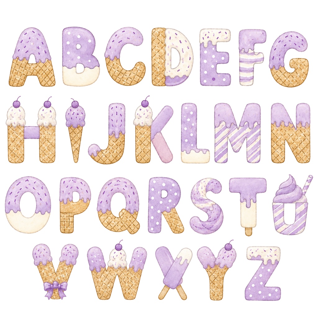 アイスクリームアルファベット CLIPART 6色セット|A〜Z・数字・記号入り|PNG背景透過|全180点以上|商用利用OK