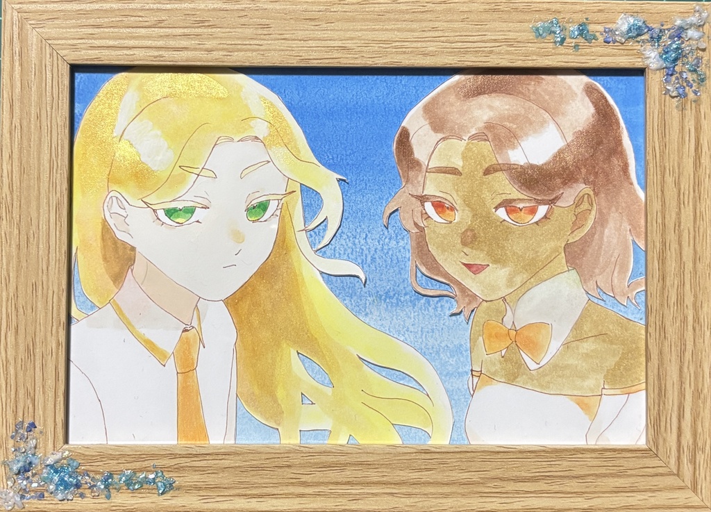 ハガキサイズ額装原画「紅茶姉弟」