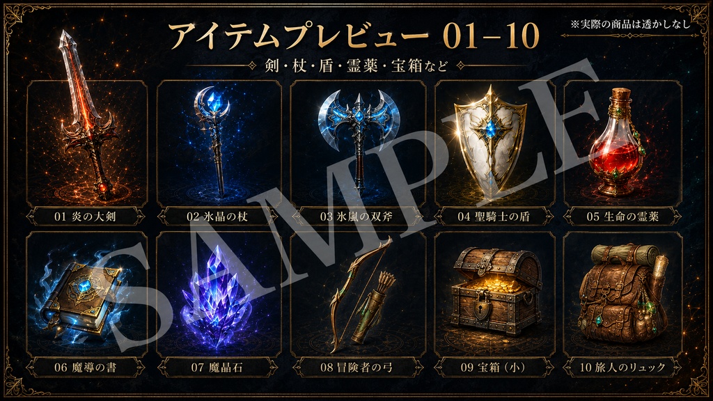 ⚔️【背景透過】ファンタジーRPGアイテム素材30種|武器・防具・魔法道具 PNGセット