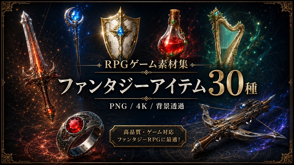 ⚔️【背景透過】ファンタジーRPGアイテム素材30種｜武器・防具・魔法道具 PNGセット