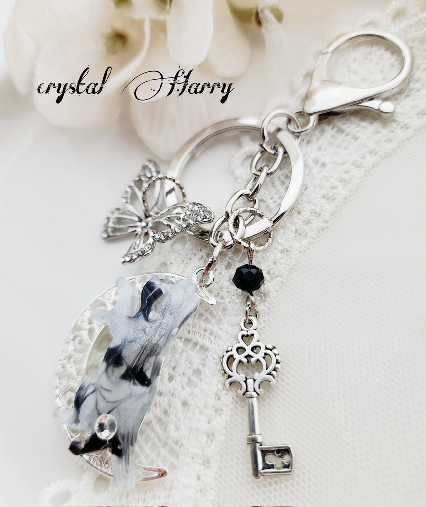 【色彩猫の鍵飾り】~銀黒猫~キーリング