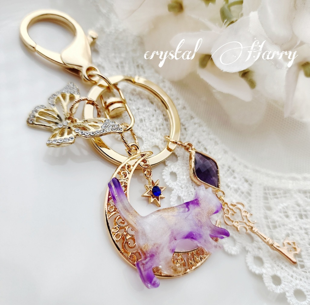 【色彩猫の鍵飾り】~金紫猫~キーリング