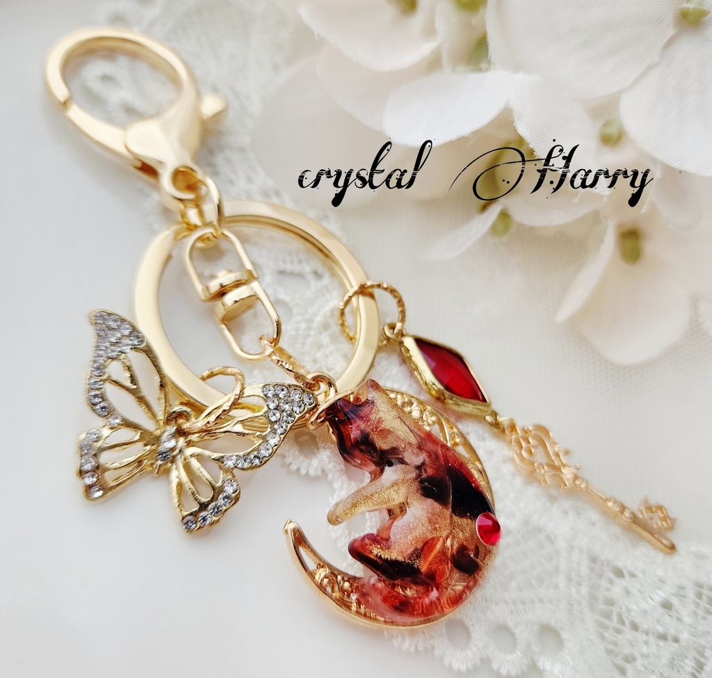 【色彩猫の鍵飾り】~金赤黒猫~キーリング