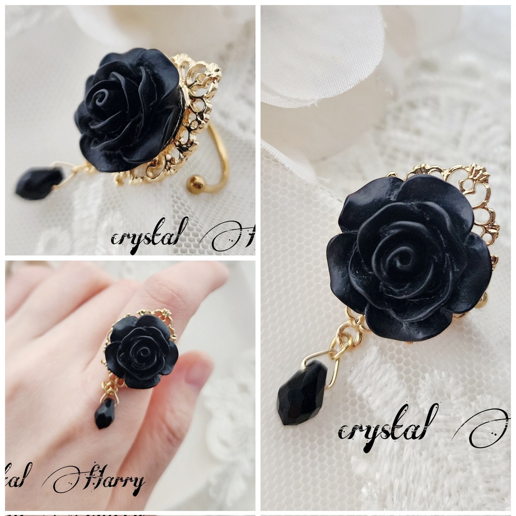 【薔薇精霊の指輪】～金黒薔薇～フリーサイズリング