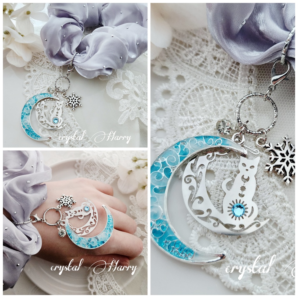 【精霊猫の髪飾り】～銀水白～シュシュブレスレット