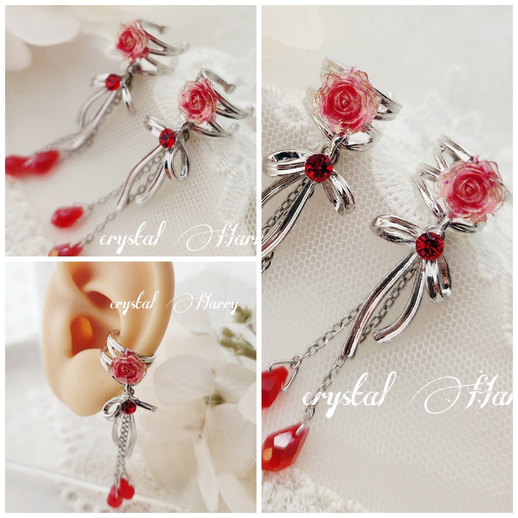 【花束リボンの耳飾り】～銀赤～イヤーカフ⚠️片耳販売