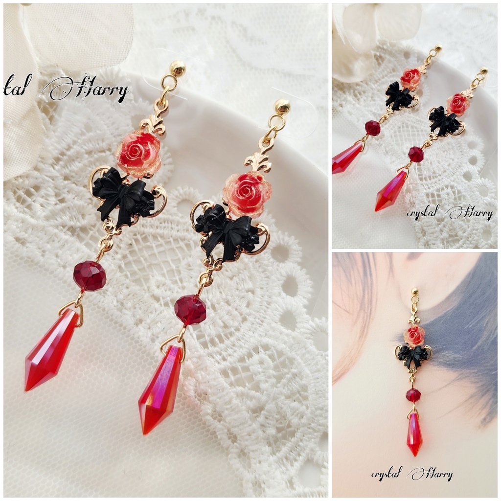 【薔薇結びの装飾品】~ロイヤルレッド~耳飾り