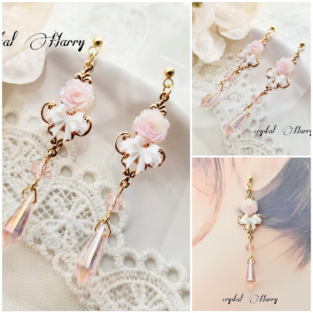 【薔薇結びの装飾品】～ピーチローズ～耳飾り