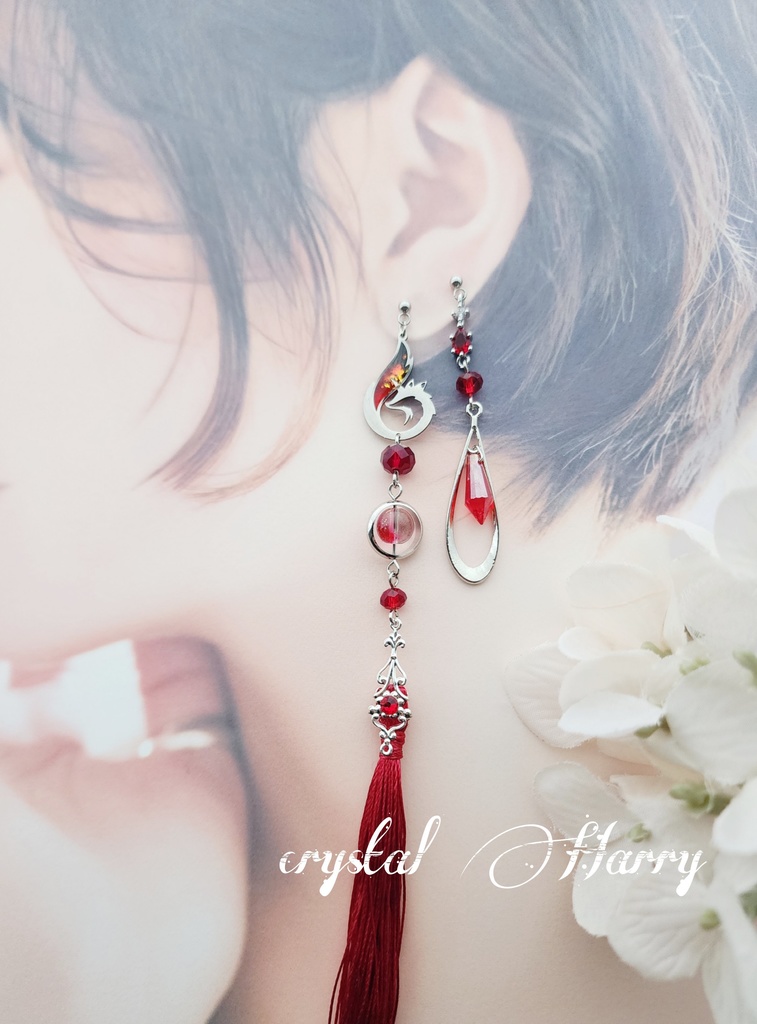 【狐火の耳飾り】~銀赤黒~