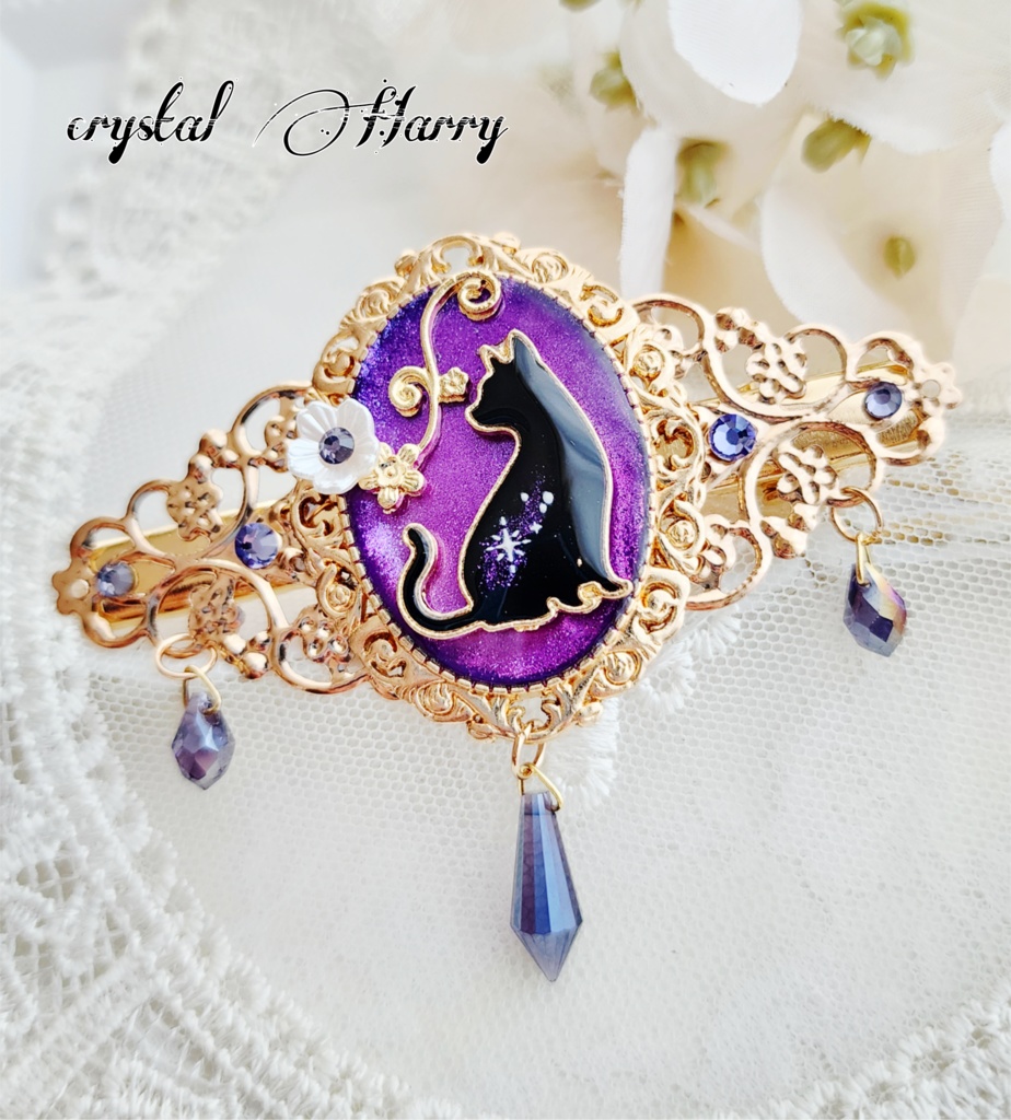 【鏡猫の髪飾り】～艶華黒猫～ヘアクリップ