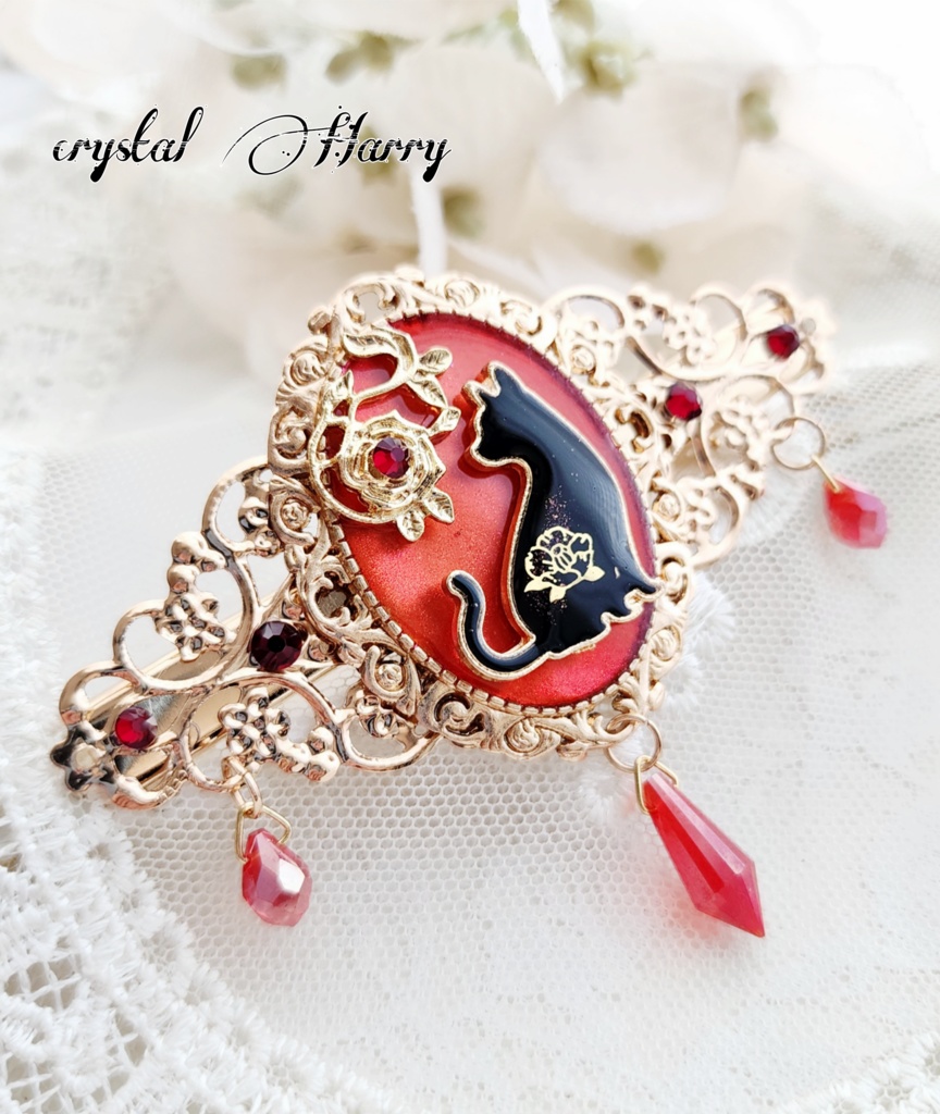 【鏡猫の髪飾り】~赤薔薇黒猫~ヘアクリップ