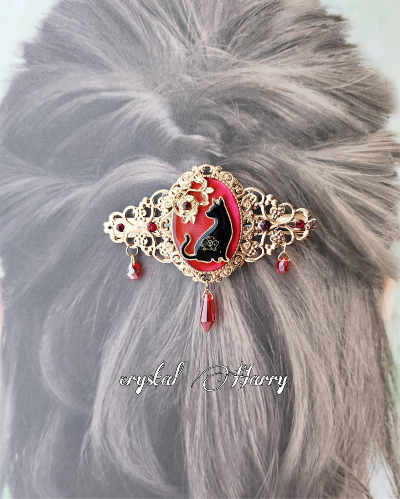 【鏡猫の髪飾り】~赤薔薇黒猫~ヘアクリップ