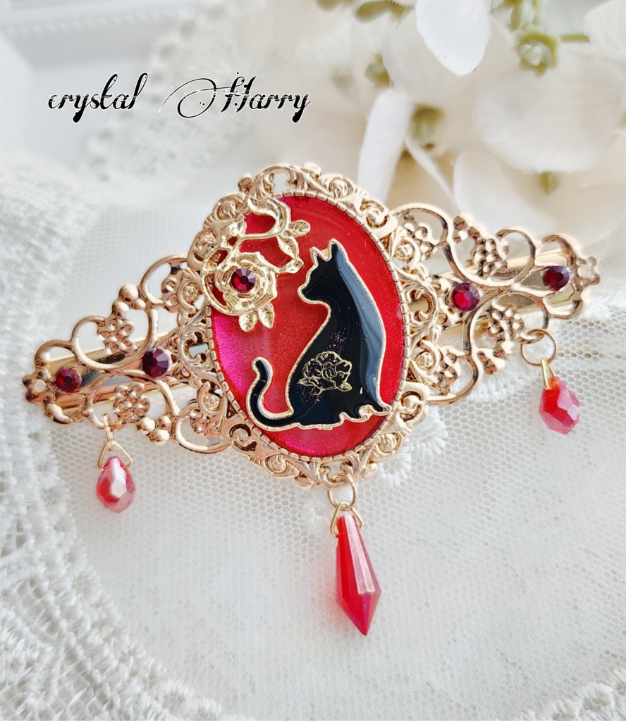 【鏡猫の髪飾り】～赤薔薇黒猫～ヘアクリップ