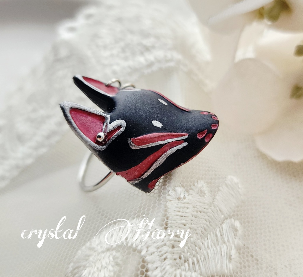 【稲荷狐の面装飾】~黒赤銀狐~リング