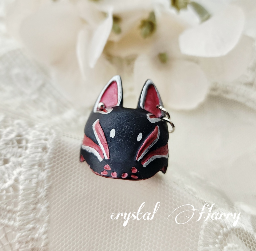 【稲荷狐の面装飾】~黒赤銀狐~リング