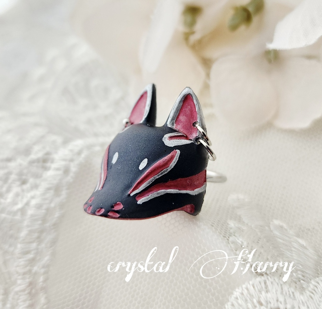 【稲荷狐の面装飾】~黒赤銀狐~リング