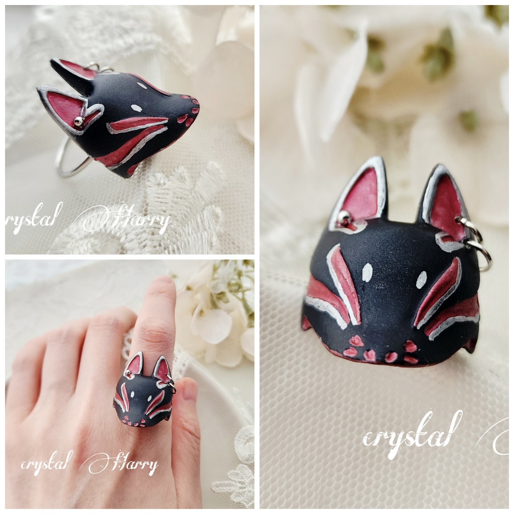 【稲荷狐の面装飾】～黒赤銀狐～リング