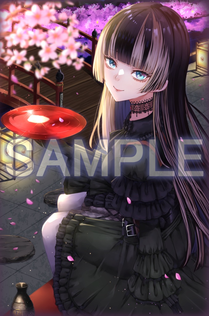 儒烏風亭らでん「月と桜と月見酒」B2タペストリー
