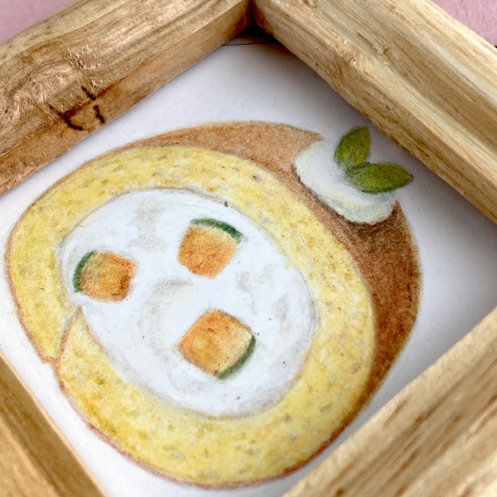 かぼちゃロールケーキの色鉛筆イラスト【原画・ミニ額】
