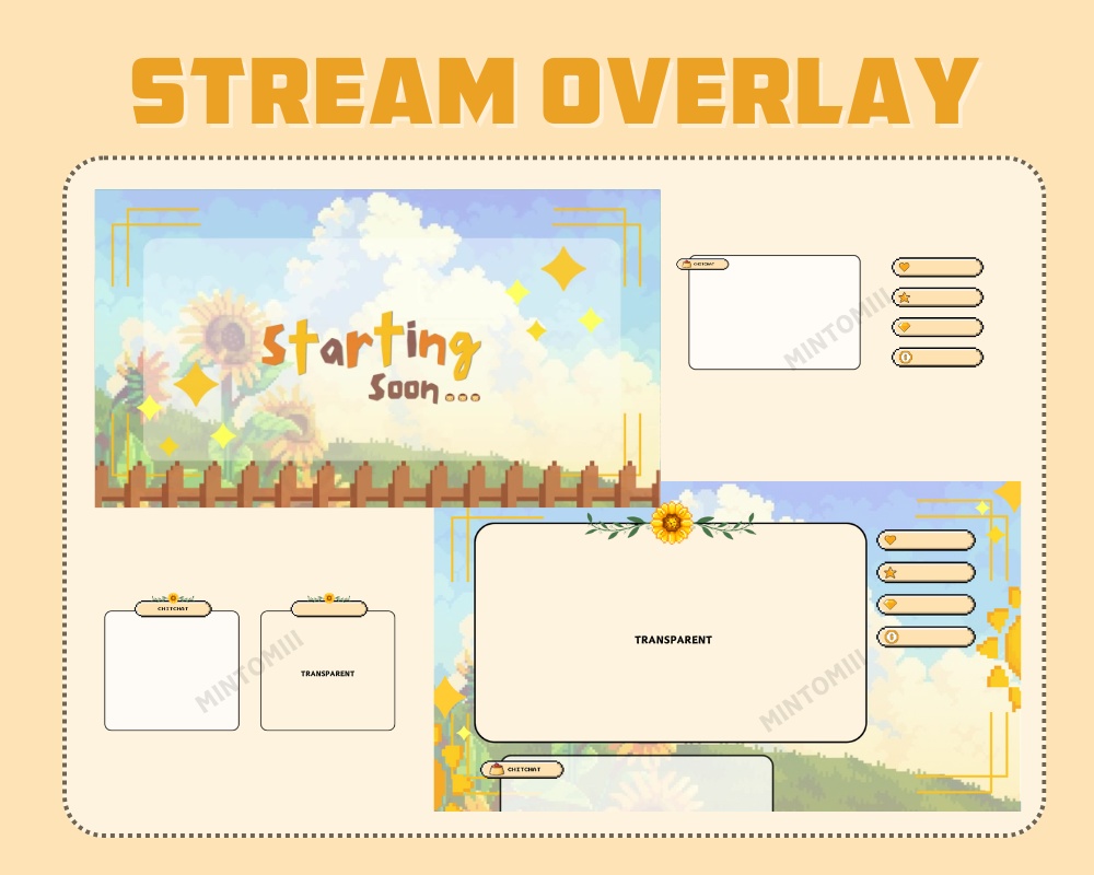 Sunflower Pixel Stream Overlay ┃Streamelements, OBS, Twitch, YouTube, Facebook