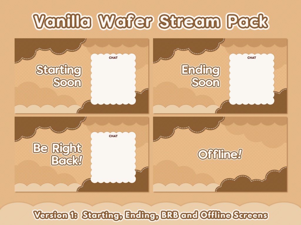 Vanilla Wafer Twitch Stream Package | Panels, Starting Soon, BRB, Offline Overlays | OBS Stream | VTuber Assets