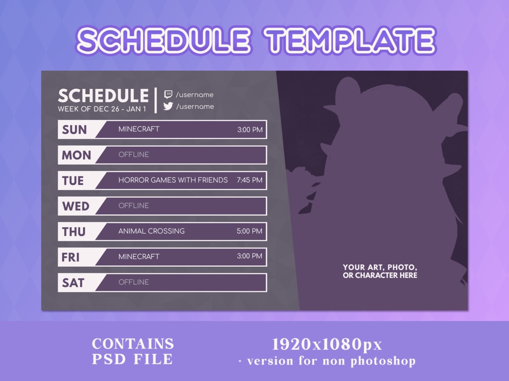 Purple Twitch Schedule | Streamer Assets | VTuber Graphics