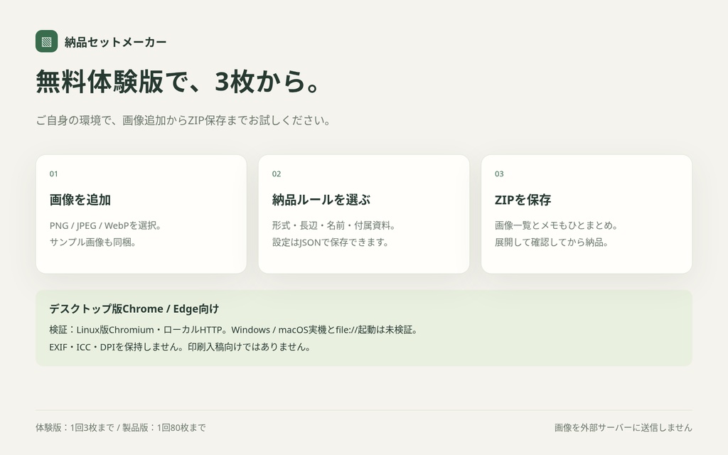 納品セットメーカー|画像変換・連番命名・一覧画像・納品ZIPをひとまとめ【ローカルHTML】