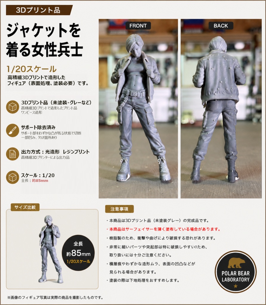 02_ジャケットを開く女性メカニック｜1/20｜ミリタリー SF ジオラマ用 3Dプリント品