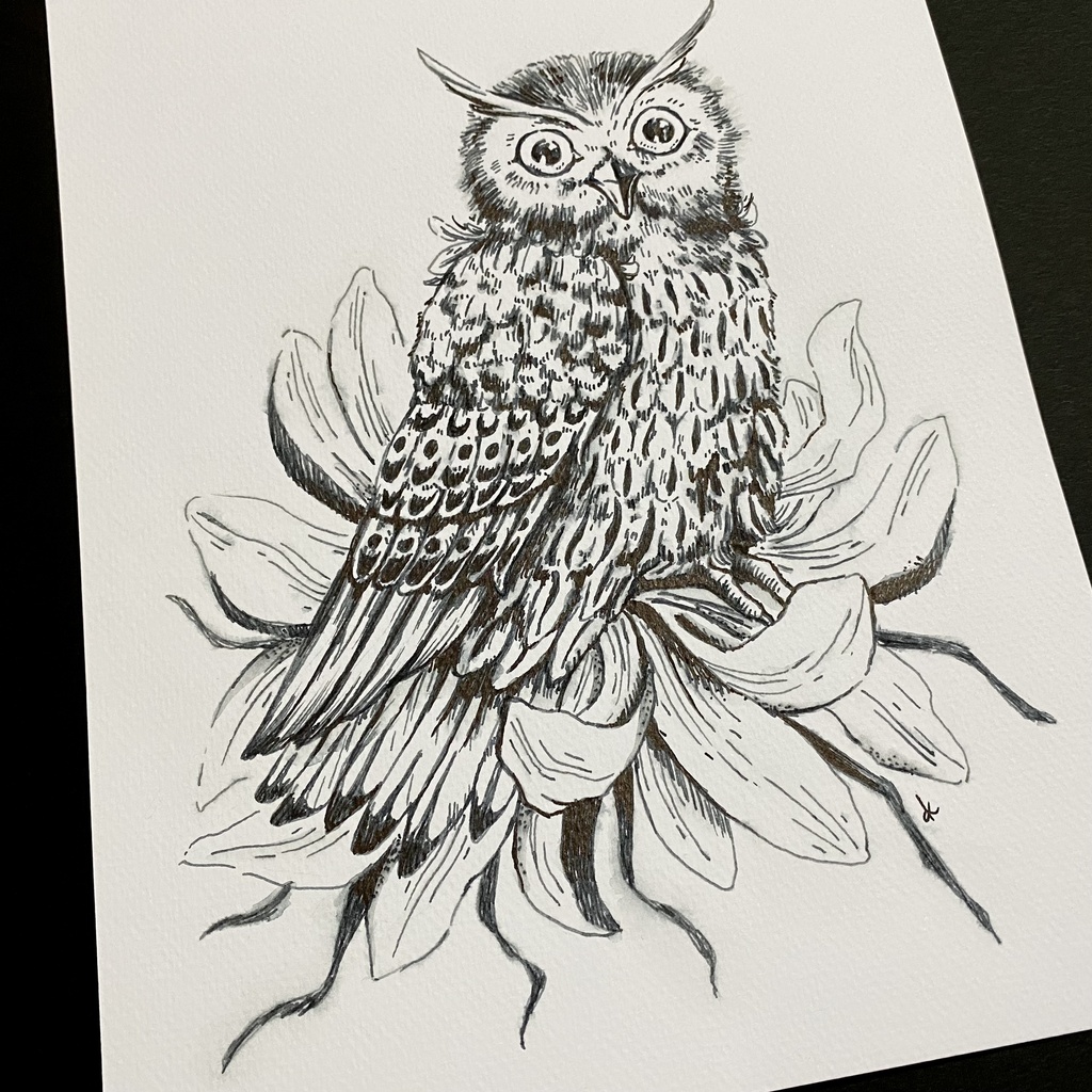 【原画】ミミズクと花