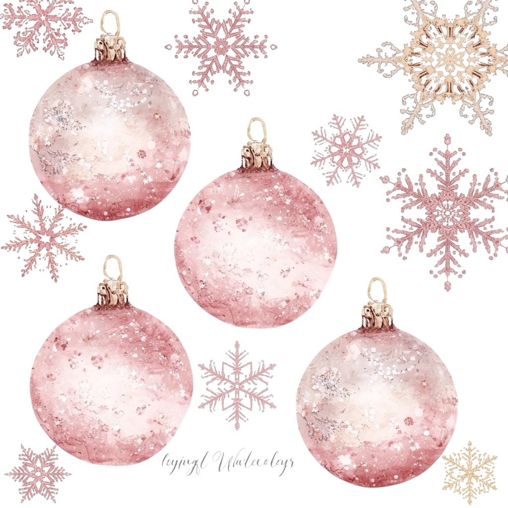 冬のアンティークピンク水彩クリップアートセット(全10セット)