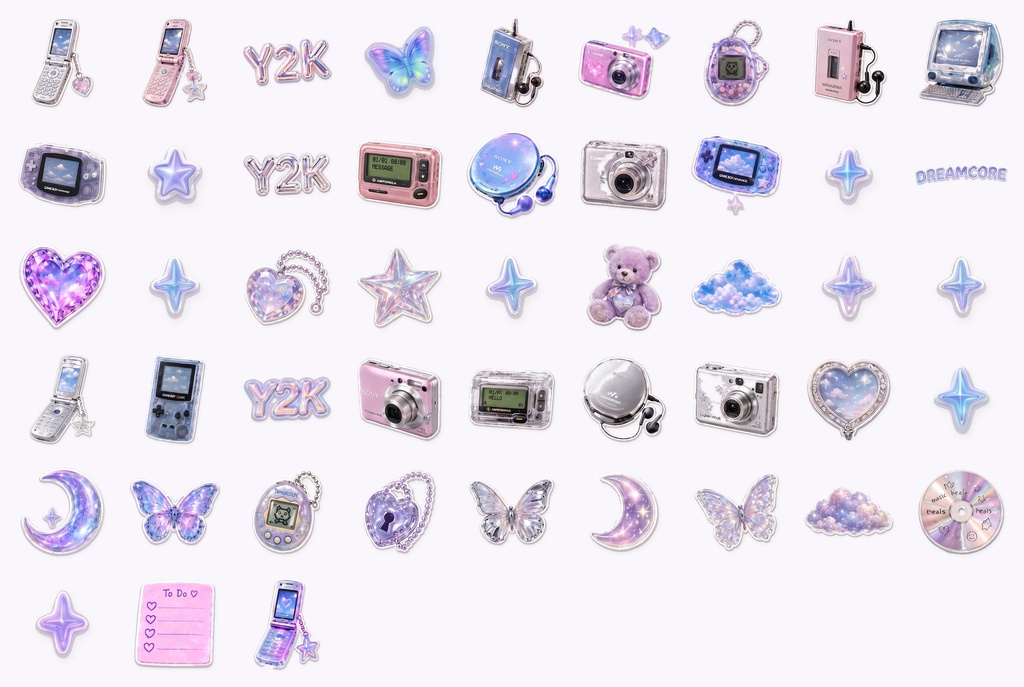 【45枚以上】Y2Kドリームコア ガジェット図鑑 デジタルステッカーセット | レトロ ガラケー iMac ゲームボーイ たまごっち