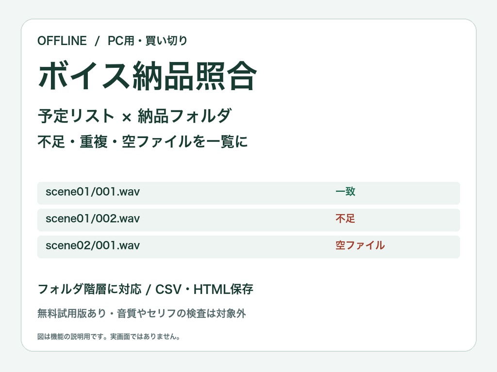 ボイス納品照合｜フォルダ階層対応・欠品チェック【無料試用版あり】