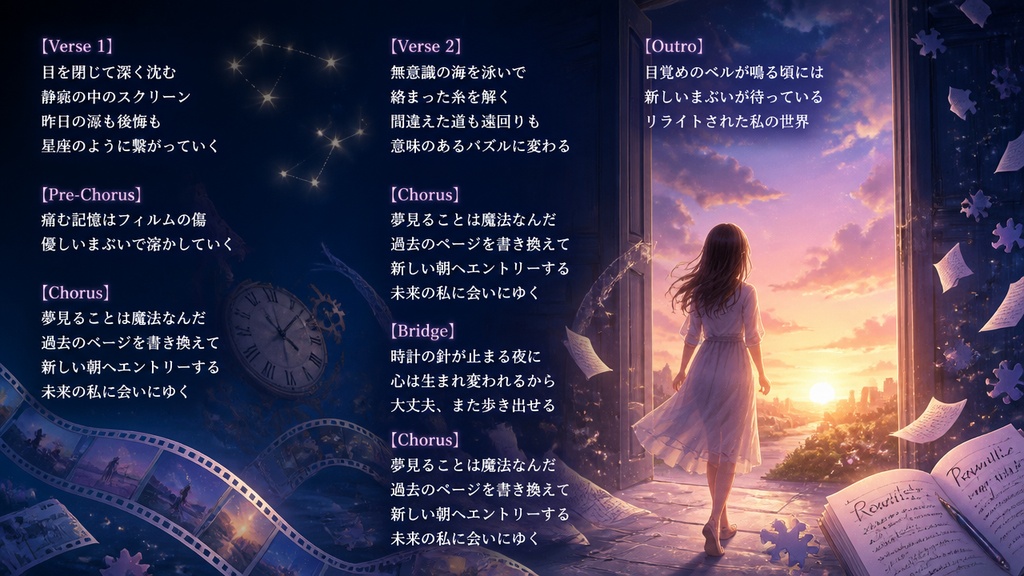 「夢見ることは魔法なんだ。過去のページを書き換えて、新しい朝へエントリーする」