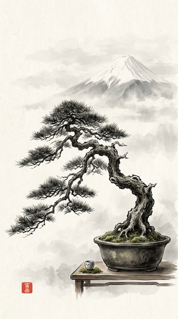 Japanese Ink Wash Art | Mount Fuji & Bonsai Pine | Fugaku Collection - Digital Download Set of 2