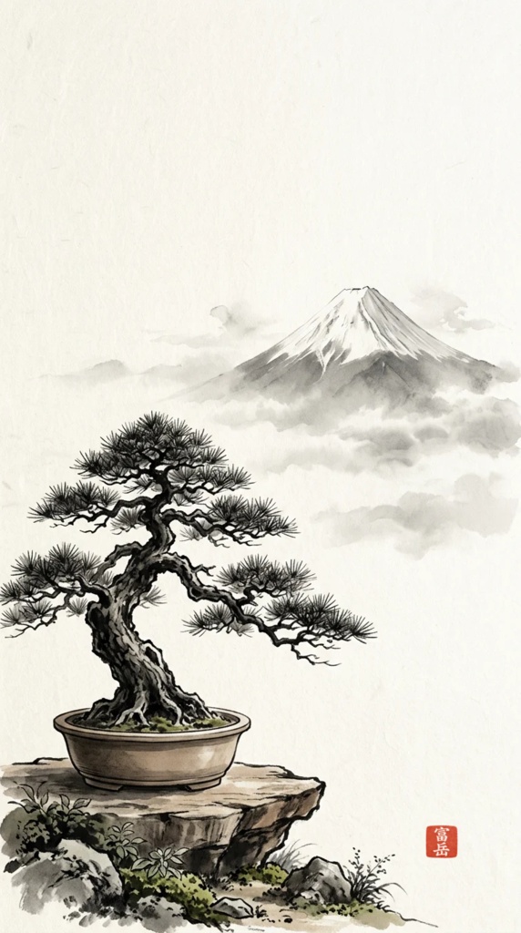 Japanese Ink Wash Art | Mount Fuji & Bonsai Pine | Fugaku Collection - Digital Download Set of 2